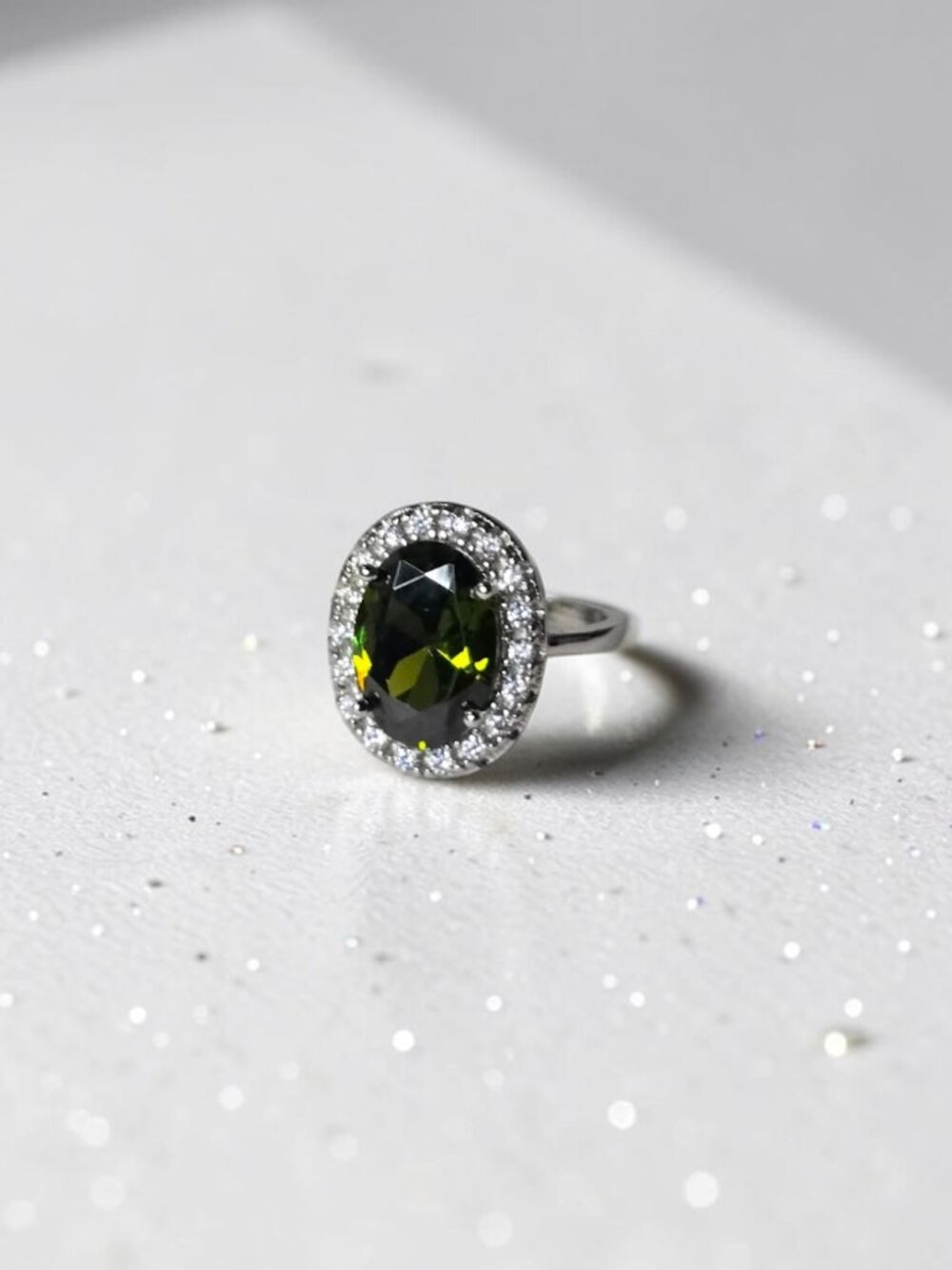Sterling Silver Peridot CZ Oval Halo Statement Ring | Silver Tone – Size 6.75